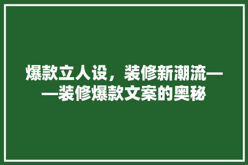 爆款立人设，装修新潮流——装修爆款文案的奥秘
